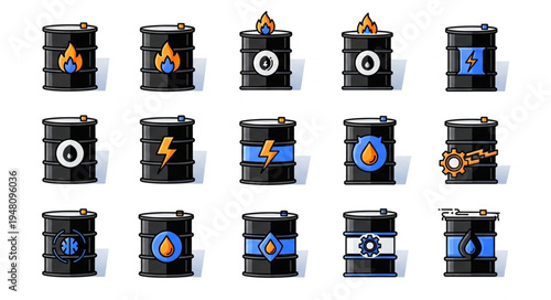 Collection of Black Oil Barrels with Various Energy and Industrial Symbols.