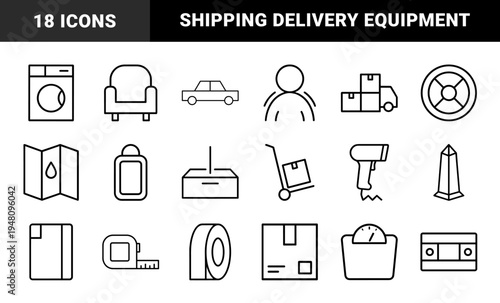 Logistics and shipping line icon set. Vector pictograms of washing machine, delivery truck, sofa, car, scale, tape measure, and barcode scanner, thin outline illustration.