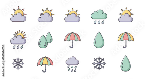 Weather icons sun clouds rain snow and umbrella