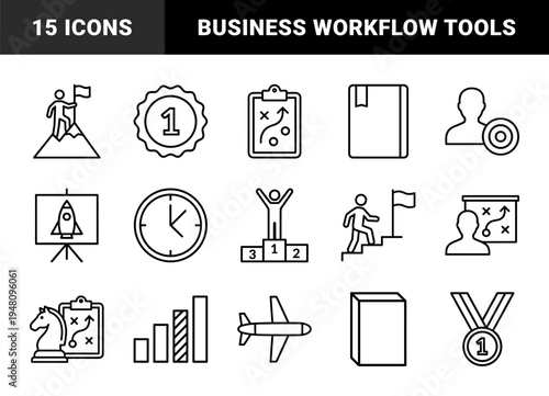 Business and office management icon set. Vector pictograms of document, chart, printer, shredder, lightbulb, and magnifying glass, thin outline illustration.