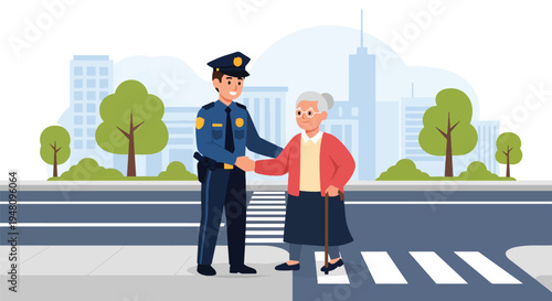 Community police officer helping elderly person cross street safely in positive public service scene illustrated in modern flat solid color vector style