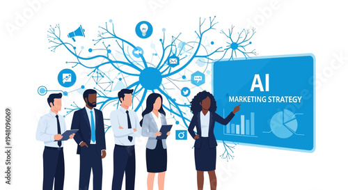 Business team developing AI marketing strategy with neural network