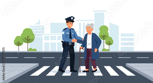 Community police officer helping elderly person cross street safely in positive public service scene illustrated in modern flat solid color vector style