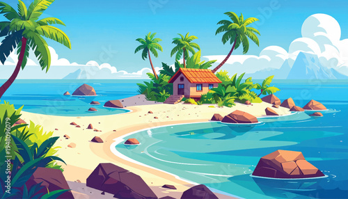 Tiny island home surrounded by clear water and leaning palms. Playful tropical dwelling on a small beach with open sea. Bright coastal cottage set on a compact exotic islet. 