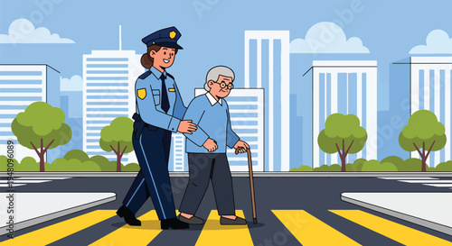 Community police officer helping elderly person cross street safely in positive public service scene illustrated in modern flat solid color vector style