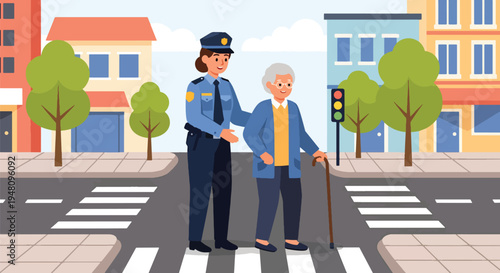 Community police officer helping elderly person cross street safely in positive public service scene illustrated in modern flat solid color vector style