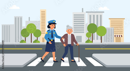 Community police officer helping elderly person cross street safely in positive public service scene illustrated in modern flat solid color vector style