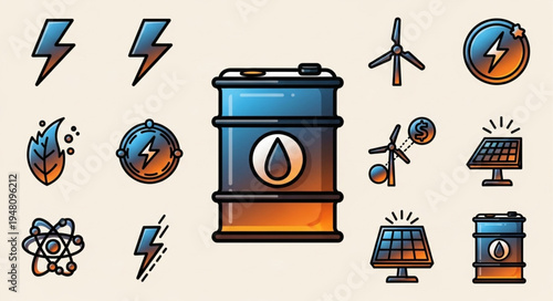 Energy Sources Icons - Renewable and Non-Renewable Energy Illustration.