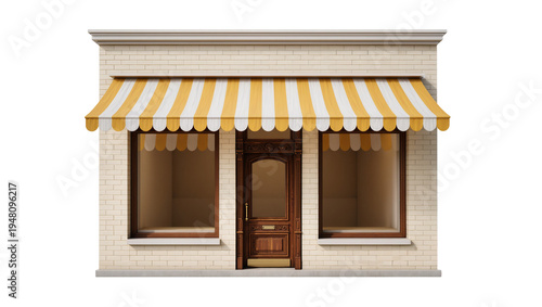 Konstfotografi Isolated traditional shop facade with yellow striped awning, classic wooden door, and large windows