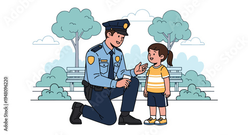 Friendly police officer speaking with child during community outreach program in public park, illustrated in modern flat solid color vector style