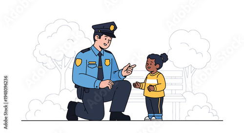 Friendly police officer speaking with child during community outreach program in public park, illustrated in modern flat solid color vector style