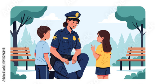 Friendly police officer speaking with child during community outreach program in public park, illustrated in modern flat solid color vector style