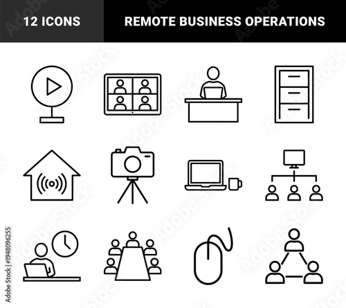 Remote work and office business line icon set. Vector pictograms of laptop, video conference, desk, filing cabinet, and teamwork, thin outline illustration.