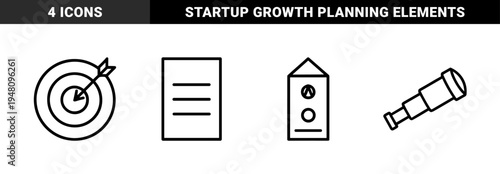 Business and vision line icon set. Vector pictograms of document, target, rocket, and telescope, thin outline illustration.