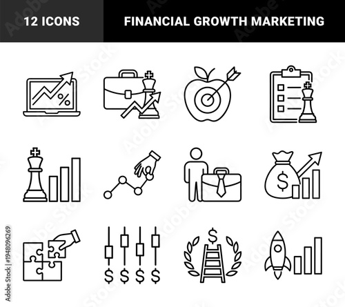 Business and financial growth line icon set. Vector pictograms of chess, chart, laptop, money, puzzle, rocket, and computer mouse, thin outline illustration.