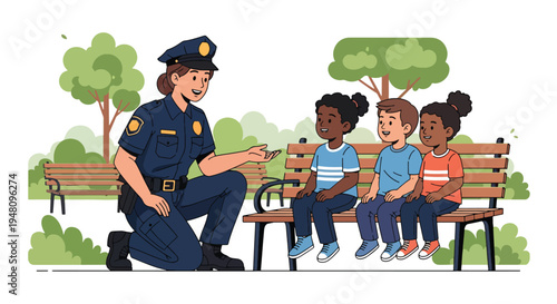 Friendly police officer speaking with child during community outreach program in public park, illustrated in modern flat solid color vector style