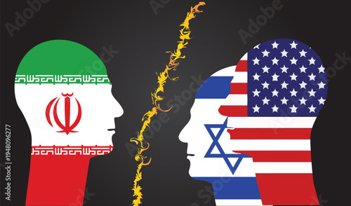 Illustration of us , Israel and Iran war depicting head of man with countries flag 