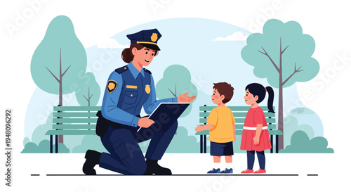 Friendly police officer speaking with child during community outreach program in public park, illustrated in modern flat solid color vector style