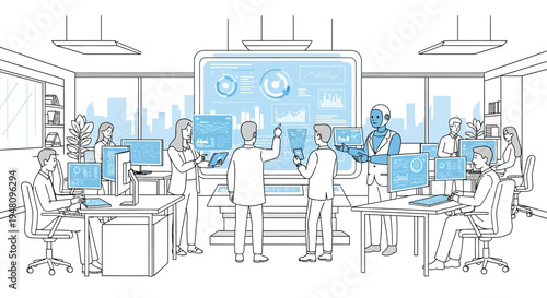 Modern office team collaborating with big data analytics on large screen