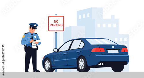 police officer issuing traffic ticket beside parked vehicle on city street in modern flat solid color vector illustration style