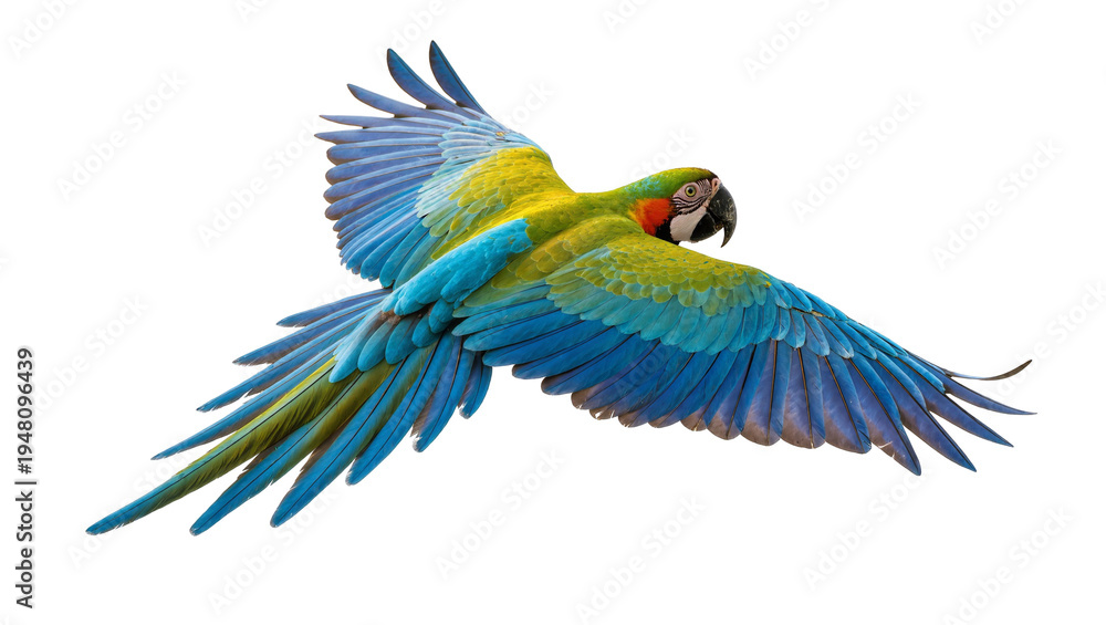 Fototapeta premium Isolated vivid exotic macaw parrot flying gracefully with brightly colored outstretched wings