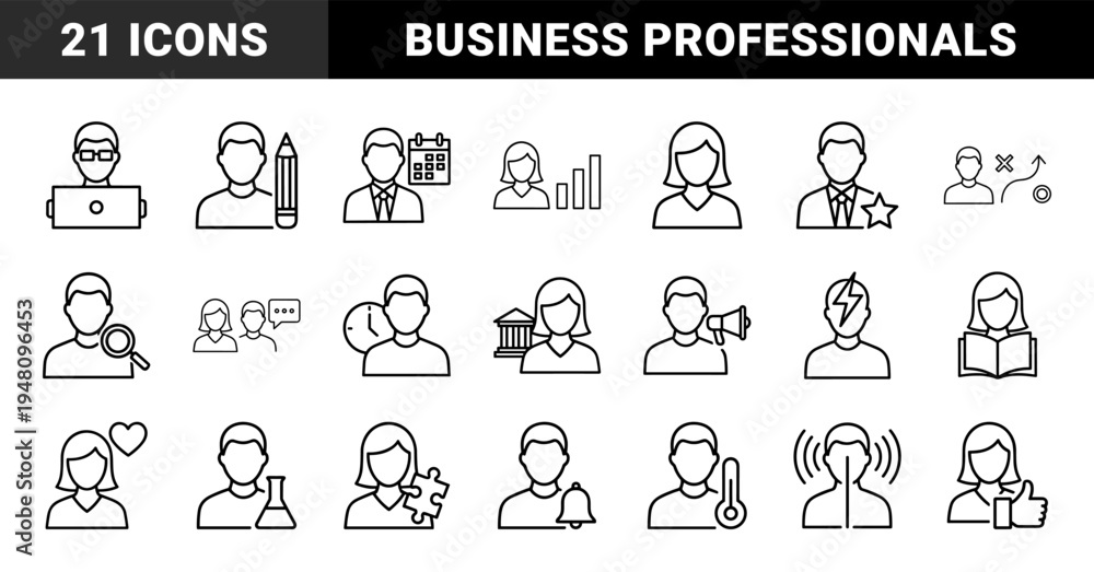 Fototapeta premium Human resources line icon set. Vector pictograms of employee, chart, laptop, calendar, strategy, research, communication, leader, and health, thin outline illustration.
