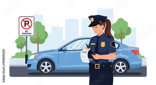 Police officer issuing traffic ticket beside parked vehicle on city street in modern flat solid color vector illustration style