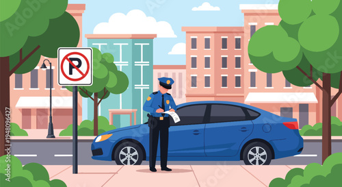 Police officer issuing traffic ticket beside parked vehicle on city street in modern flat solid color vector illustration style