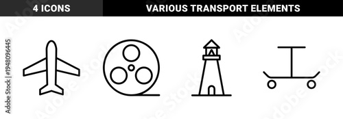Miscellaneous outline icon set. Vector pictograms of film reel, airplane, lighthouse and scooter, thin line illustration.