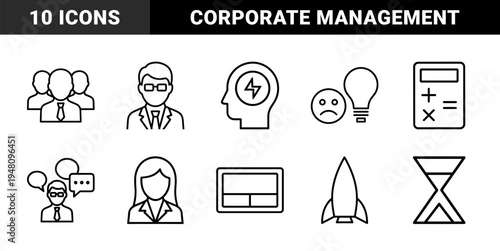 Business management line icon set. Vector pictograms of teamwork, brainstorming, strategy, analysis, finance, and productivity, thin outline illustration.