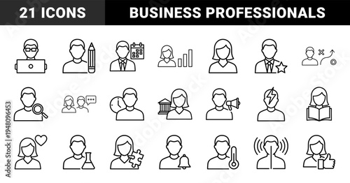 Human resources line icon set. Vector pictograms of employee, chart, laptop, calendar, strategy, research, communication, leader, and health, thin outline illustration.