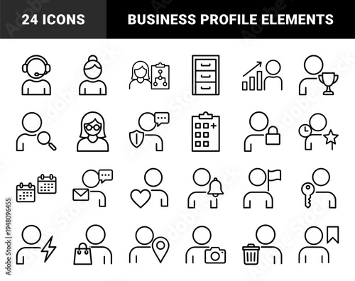 Business and user management line icon set. Vector pictograms of support agent, filing cabinet, growth chart, calendar, and profile security, thin outline illustration.