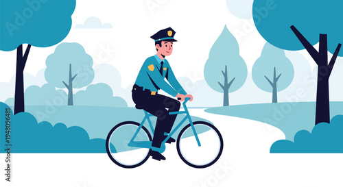 Police officer riding bicycle on patrol through public park setting in modern flat solid color vector illustration style