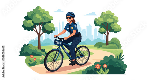 Police officer riding bicycle on patrol through public park setting in modern flat solid color vector illustration style