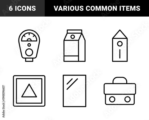 Miscellaneous object line icon set. Vector pictograms of milk carton, birdhouse, parking meter, briefcase, mirror, sign, and document, thin outline illustration.