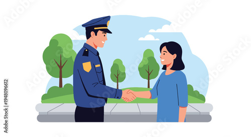 Police officer shaking hands with citizen representing trust and partnership in community policing illustrated in flat solid color vector style