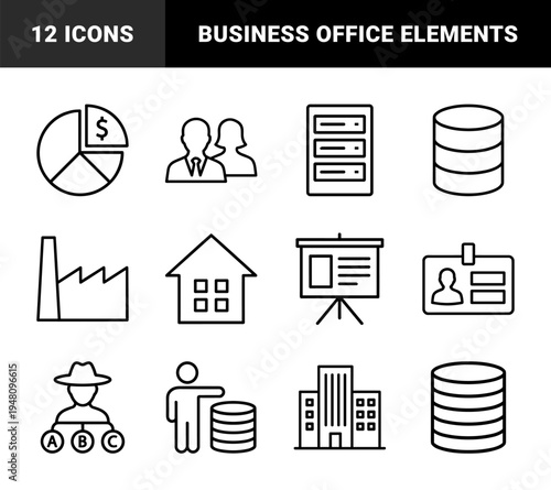 Business and office management line icon set. Vector pictograms of database, chart, factory, building, staff, id card, and workstation, thin outline illustration.