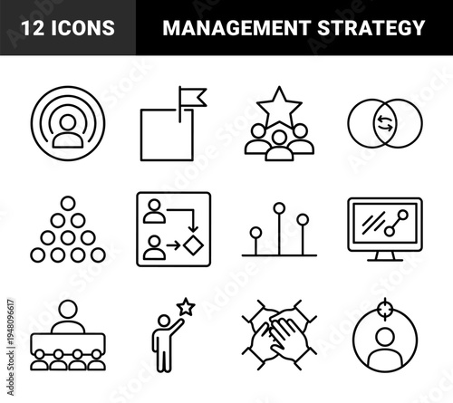 Business management and leadership line icon set. Vector pictograms of teamwork, strategy, target, hierarchy, and success, thin outline illustration.