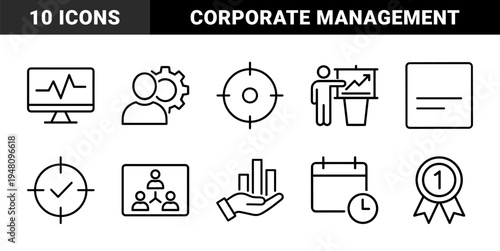 Business management and performance line icon set. Vector pictograms of target, presentation, monitor, gears, calendar, and award ribbon, thin outline illustration.
