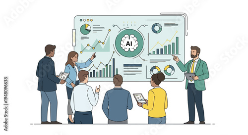 Business team discussing AI data analysis in modern meeting room