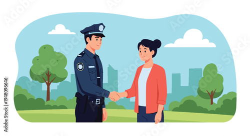 Police officer shaking hands with citizen representing trust and partnership in community policing illustrated in flat solid color vector style