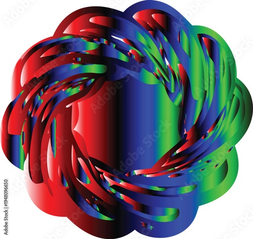 A vibrant swirling abstract shape composed of layered colorful ribbons and gradients