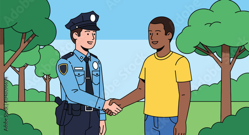 Police officer shaking hands with citizen representing trust and partnership in community policing illustrated in flat solid color vector style