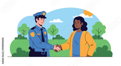 Police officer shaking hands with citizen representing trust and partnership in community policing illustrated in flat solid color vector style