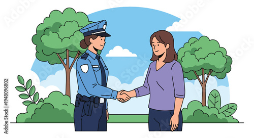 Police officer shaking hands with citizen representing trust and partnership in community policing illustrated in flat solid color vector style
