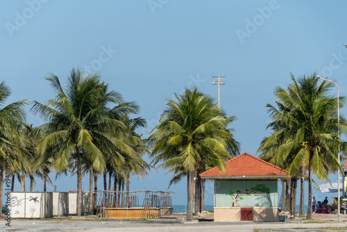 Tropical Beach Landscape with Palm Trees and Small Building in Da Nang, Vietnam