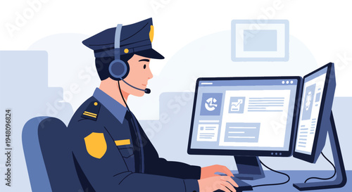 Police emergency dispatcher wearing headset and monitoring computer screens in modern flat solid color vector illustration style