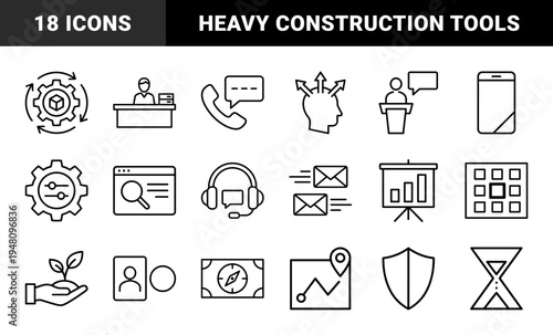 Industrial manufacturing and construction icon set. Vector pictograms of crane, factory, tools, hardhat, gear, and truck, thin outline illustration.