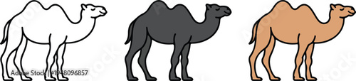 Minimalist camel desert animal vector icons set featuring dromedary profiles in outline solid and brown flat graphic styles.