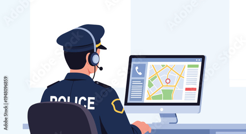 Police emergency dispatcher wearing headset and monitoring computer screens in modern flat solid color vector illustration style